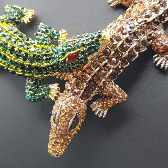 NOS Crystal Alligator Statement Necklace Green & Amber Rhinestone Crocodile Bib - Picture 4 of 15